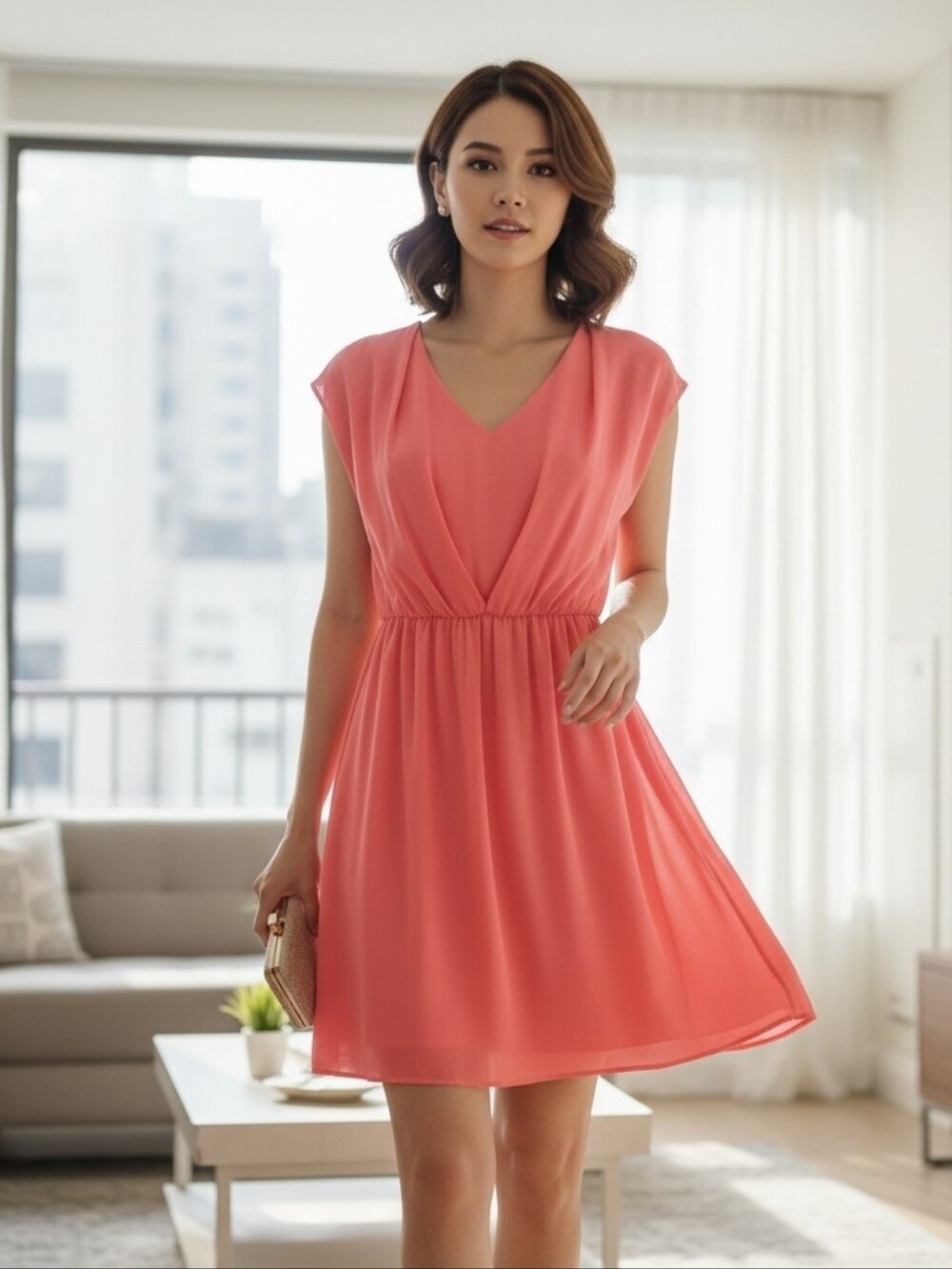 Alya Coral Peach Pleated V‑Neck Short Sleeve Fit & Flare Mini Dress Size Small